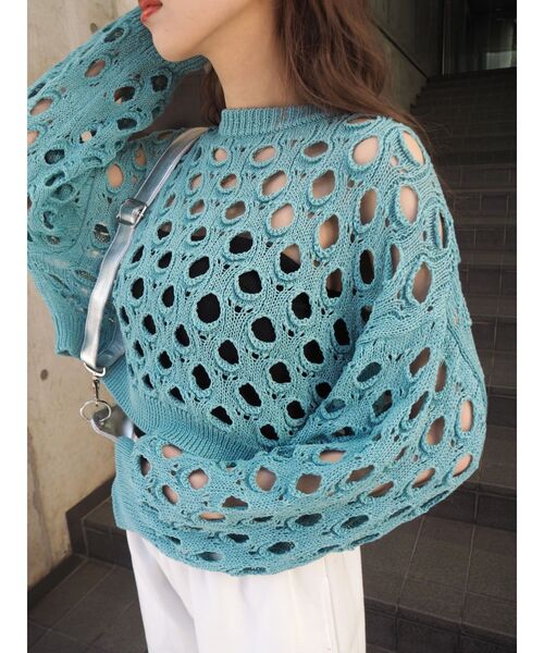 EVRIS（エヴリス）の「カットワークニットトップス（ニット/セーター・レディース・ブルー/ブラック/ピンク・FREE）」の14枚目の写真