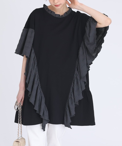 somari imagination(ソマリ イマジネーション)の「『異素材フリルデザインカットソー』(Tシャツ/カットソー・レディース・杢グレー/ブラック・FREE)」の2枚目の写真