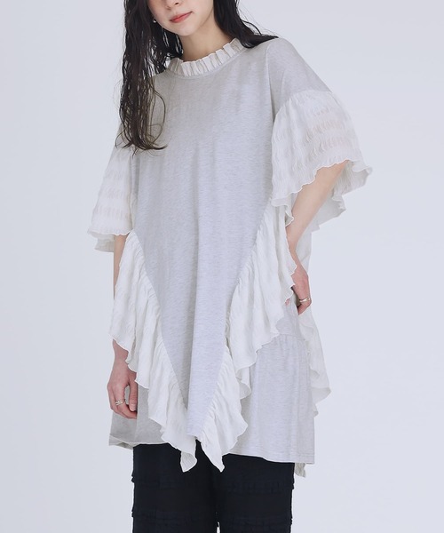 somari imagination(ソマリ イマジネーション)の「『異素材フリルデザインカットソー』(Tシャツ/カットソー・レディース・杢グレー/ブラック・FREE)」の4枚目の写真