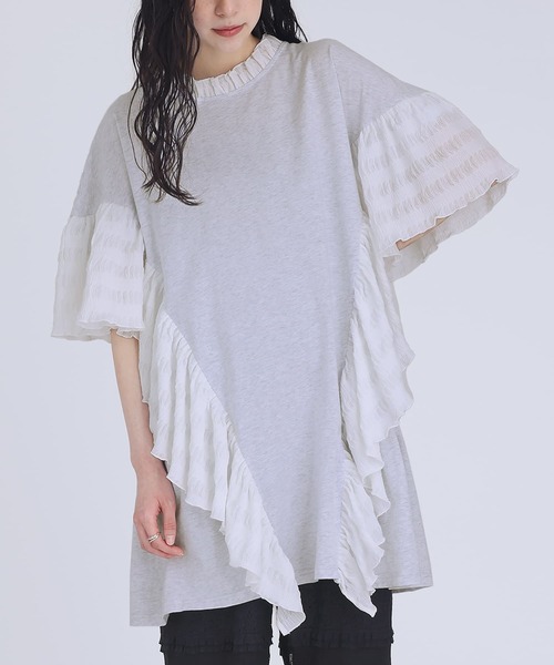 somari imagination(ソマリ イマジネーション)の「『異素材フリルデザインカットソー』(Tシャツ/カットソー・レディース・杢グレー/ブラック・FREE)」の5枚目の写真