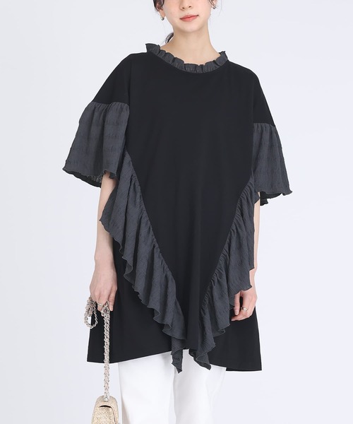 somari imagination(ソマリ イマジネーション)の「『異素材フリルデザインカットソー』(Tシャツ/カットソー・レディース・杢グレー/ブラック・FREE)」の9枚目の写真