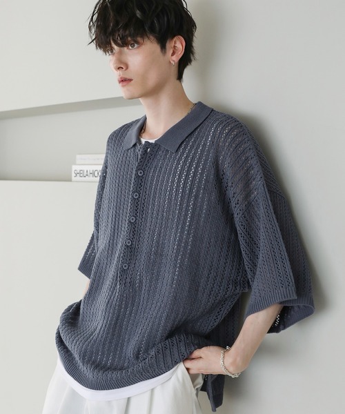 ASTRONOMY（アストロノミー）の「オーバーサイズ透かし編み半袖ハーフボタンニットシャツ（シャツ/ブラウス・メンズ・ブラック/ライトグレー/グレー系/ダークグレー・S/M/L）」の4枚目の写真