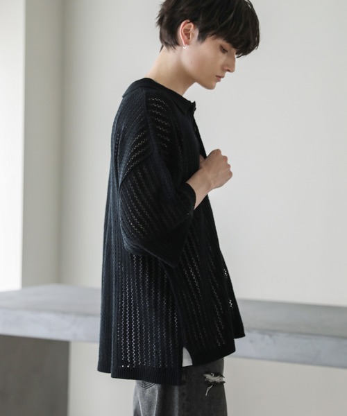ASTRONOMY（アストロノミー）の「オーバーサイズ透かし編み半袖ハーフボタンニットシャツ（シャツ/ブラウス・メンズ・ブラック/ライトグレー/グレー系/ダークグレー・S/M/L）」の10枚目の写真