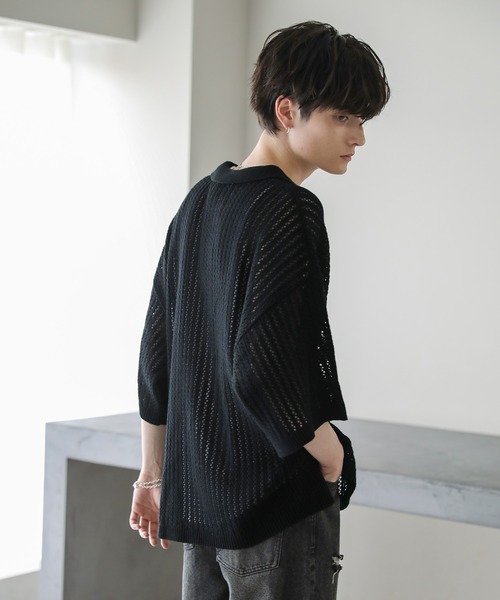 ASTRONOMY（アストロノミー）の「オーバーサイズ透かし編み半袖ハーフボタンニットシャツ（シャツ/ブラウス・メンズ・ブラック/ライトグレー/グレー系/ダークグレー・S/M/L）」の8枚目の写真