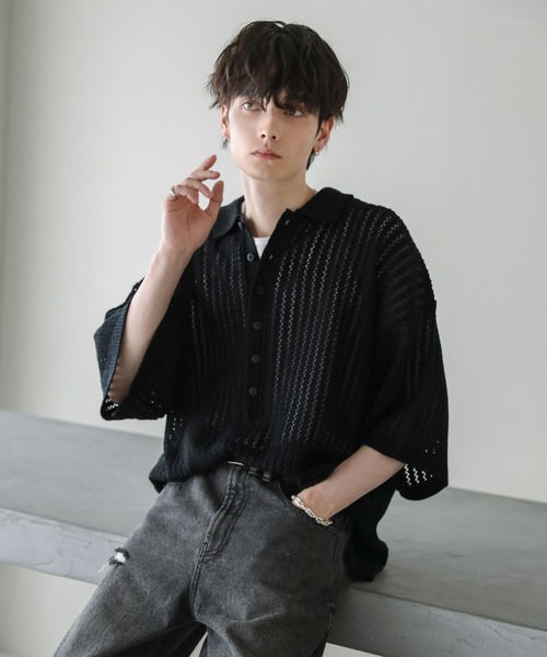 ASTRONOMY（アストロノミー）の「オーバーサイズ透かし編み半袖ハーフボタンニットシャツ（シャツ/ブラウス・メンズ・ブラック/ライトグレー/グレー系/ダークグレー・S/M/L）」の12枚目の写真