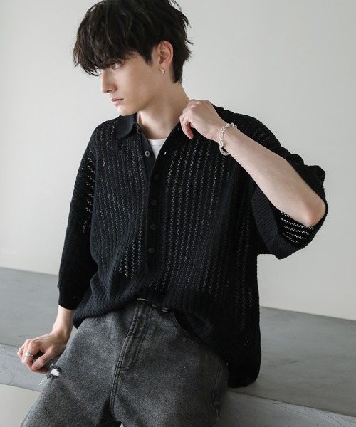 ASTRONOMY（アストロノミー）の「オーバーサイズ透かし編み半袖ハーフボタンニットシャツ（シャツ/ブラウス・メンズ・ブラック/ライトグレー/グレー系/ダークグレー・S/M/L）」の11枚目の写真