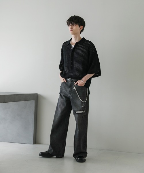 ASTRONOMY（アストロノミー）の「オーバーサイズ透かし編み半袖ハーフボタンニットシャツ（シャツ/ブラウス・メンズ・ブラック/ライトグレー/グレー系/ダークグレー・S/M/L）」の7枚目の写真