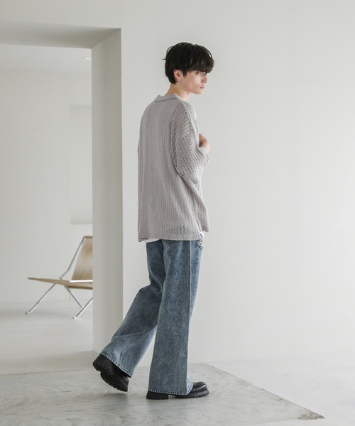 ASTRONOMY（アストロノミー）の「オーバーサイズ透かし編み半袖ハーフボタンニットシャツ（シャツ/ブラウス・メンズ・ブラック/ライトグレー/グレー系/ダークグレー・S/M/L）」の22枚目の写真