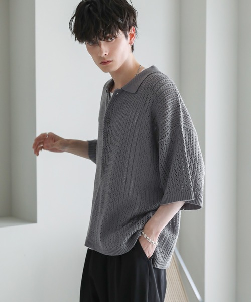 ASTRONOMY（アストロノミー）の「オーバーサイズ透かし編み半袖ハーフボタンニットシャツ（シャツ/ブラウス・メンズ・ブラック/ライトグレー/グレー系/ダークグレー・S/M/L）」の19枚目の写真