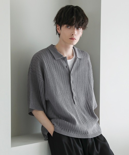 ASTRONOMY（アストロノミー）の「オーバーサイズ透かし編み半袖ハーフボタンニットシャツ（シャツ/ブラウス・メンズ・ブラック/ライトグレー/グレー系/ダークグレー・S/M/L）」の18枚目の写真