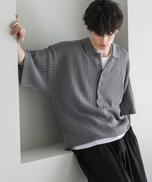 ASTRONOMY（アストロノミー）の「オーバーサイズ透かし編み半袖ハーフボタンニットシャツ（シャツ/ブラウス・メンズ・ブラック/ライトグレー/グレー系/ダークグレー・S/M/L）」の17枚目の写真