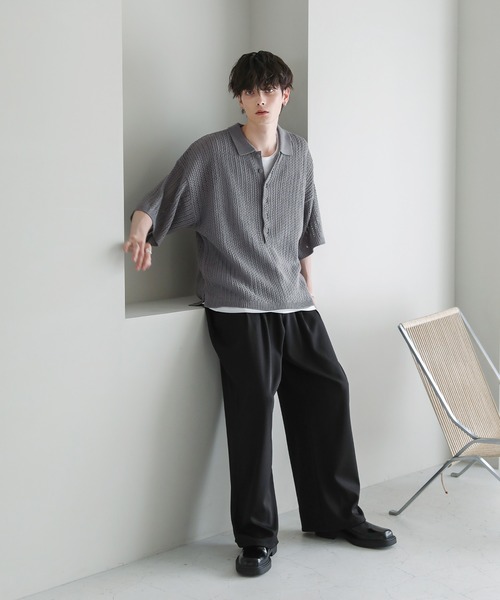 ASTRONOMY（アストロノミー）の「オーバーサイズ透かし編み半袖ハーフボタンニットシャツ（シャツ/ブラウス・メンズ・ブラック/ライトグレー/グレー系/ダークグレー・S/M/L）」の16枚目の写真