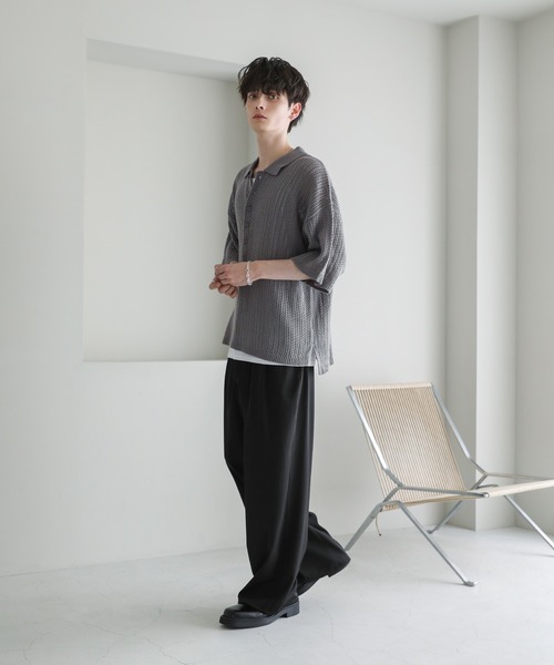 ASTRONOMY（アストロノミー）の「オーバーサイズ透かし編み半袖ハーフボタンニットシャツ（シャツ/ブラウス・メンズ・ブラック/ライトグレー/グレー系/ダークグレー・S/M/L）」の15枚目の写真