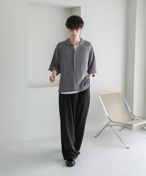 ASTRONOMY（アストロノミー）の「オーバーサイズ透かし編み半袖ハーフボタンニットシャツ（シャツ/ブラウス・メンズ・ブラック/ライトグレー/グレー系/ダークグレー・S/M/L）」の14枚目の写真