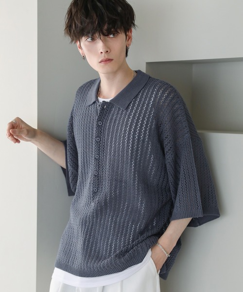 ASTRONOMY（アストロノミー）の「オーバーサイズ透かし編み半袖ハーフボタンニットシャツ（シャツ/ブラウス・メンズ・ブラック/ライトグレー/グレー系/ダークグレー・S/M/L）」の5枚目の写真