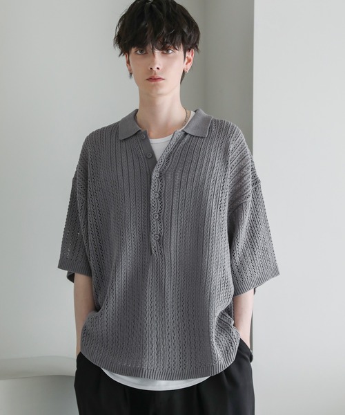 ASTRONOMY（アストロノミー）の「オーバーサイズ透かし編み半袖ハーフボタンニットシャツ（シャツ/ブラウス・メンズ・ブラック/ライトグレー/グレー系/ダークグレー・S/M/L）」の20枚目の写真