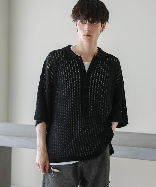 ASTRONOMY（アストロノミー）の「オーバーサイズ透かし編み半袖ハーフボタンニットシャツ（シャツ/ブラウス・メンズ・ブラック/ライトグレー/グレー系/ダークグレー・S/M/L）」の9枚目の写真