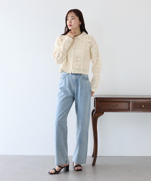 KUOSE リボン付きブルーカーディガン 長袖 クロップドカーディガン リブクロップドカーディガン | ファッション通販サイト NUGU