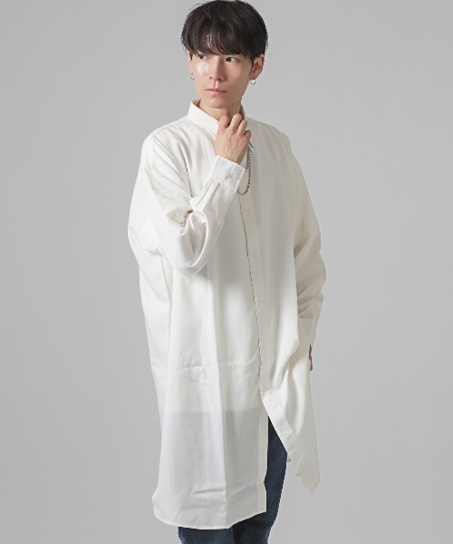 チェーンネックカラーピン付き無地ロング丈長袖シャツ（シャツ/ブラウス）｜LUXSTYLE（ラグスタイル）