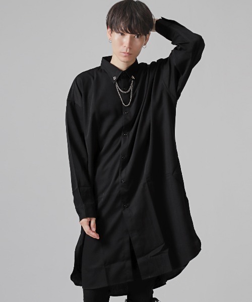 チェーンネックカラーピン付き無地ロング丈長袖シャツ（シャツ/ブラウス）｜LUXSTYLE（ラグスタイル）