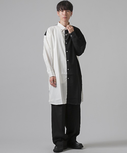 HommePlisse 【限定デザイン】　ロング丈シャツ 長袖シャツ ロング丈 シャツ メンズ オーバーサイズ ロング