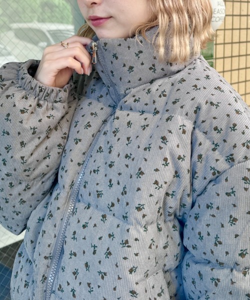 グレー 花柄 ダウンジャケット セール】小花柄コーデュロイダウンジャケット（ダウンジャケット