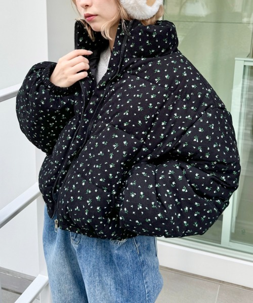 花柄ショート丈ダウンジャケット セール】小花柄コーデュロイダウンジャケット（ダウンジャケット
