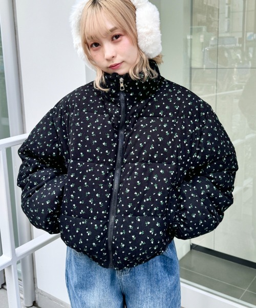 グレー 花柄 ダウンジャケット セール】小花柄コーデュロイダウンジャケット（ダウンジャケット