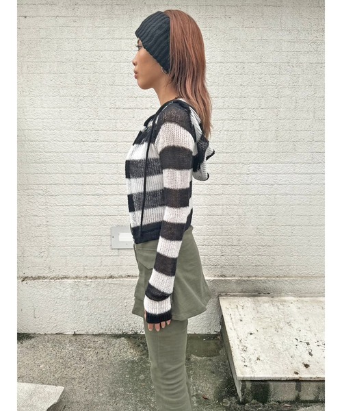 EGOIST（エゴイスト）の「ボーダー透かしニットパーカー（ニット/セーター・レディース・ブラック/カーキ/グレー・FREE）」の10枚目の写真