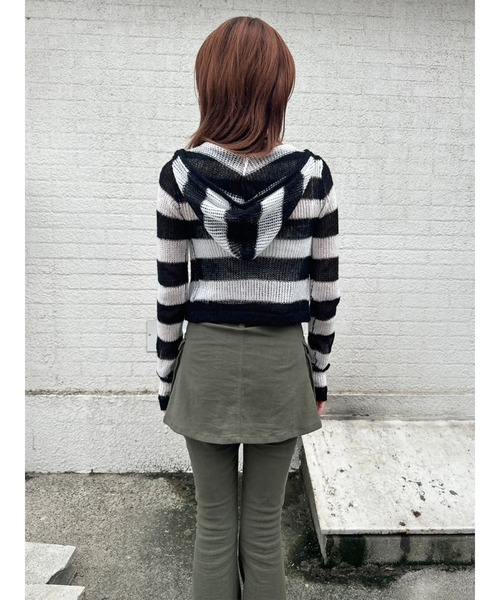EGOIST（エゴイスト）の「ボーダー透かしニットパーカー（ニット/セーター・レディース・ブラック/カーキ/グレー・FREE）」の11枚目の写真