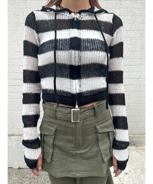 EGOIST（エゴイスト）の「ボーダー透かしニットパーカー（ニット/セーター・レディース・ブラック/カーキ/グレー・FREE）」の12枚目の写真
