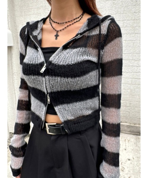 EGOIST（エゴイスト）の「ボーダー透かしニットパーカー（ニット/セーター・レディース・ブラック/カーキ/グレー・FREE）」の13枚目の写真