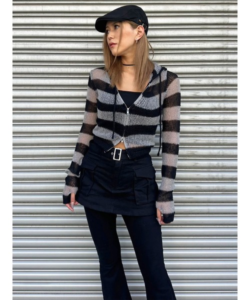 EGOIST（エゴイスト）の「ボーダー透かしニットパーカー（ニット/セーター・レディース・ブラック/カーキ/グレー・FREE）」の22枚目の写真