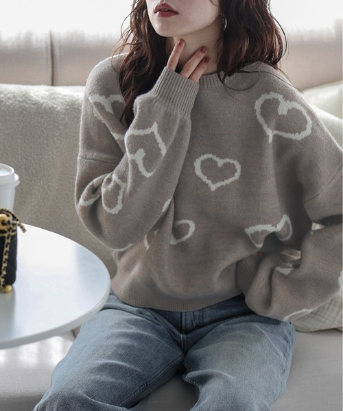 La-gemme(ラジェム)の「ランダムハートニット(ニット/セーター・レディース・ブラック/ホワイト/チャコール/モカ・フリー)」の1枚目の写真