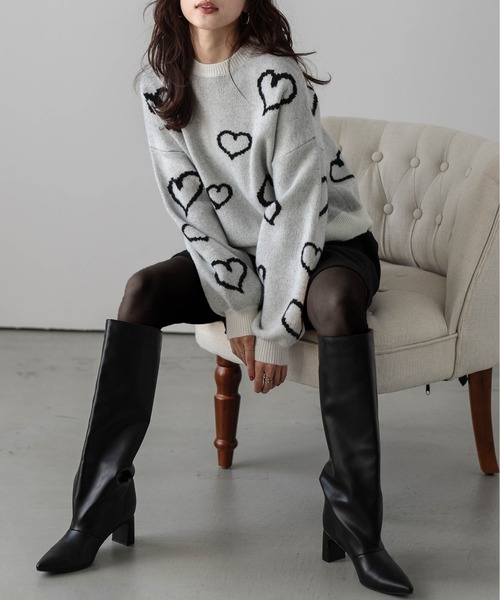 La-gemme(ラジェム)の「ランダムハートニット(ニット/セーター・レディース・ブラック/ホワイト/チャコール/モカ・フリー)」の5枚目の写真