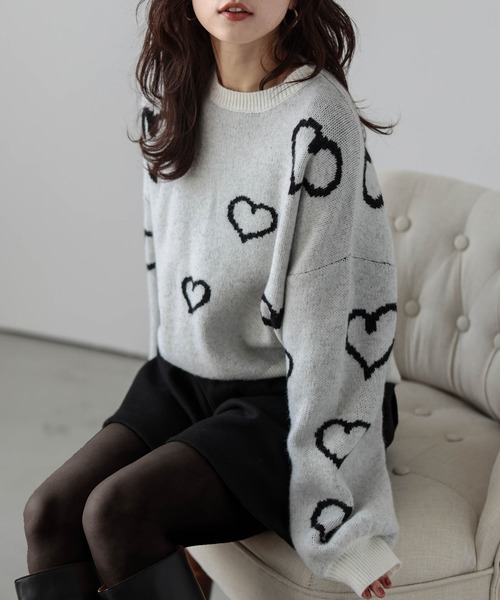 La-gemme(ラジェム)の「ランダムハートニット(ニット/セーター・レディース・ブラック/ホワイト/チャコール/モカ・フリー)」の9枚目の写真