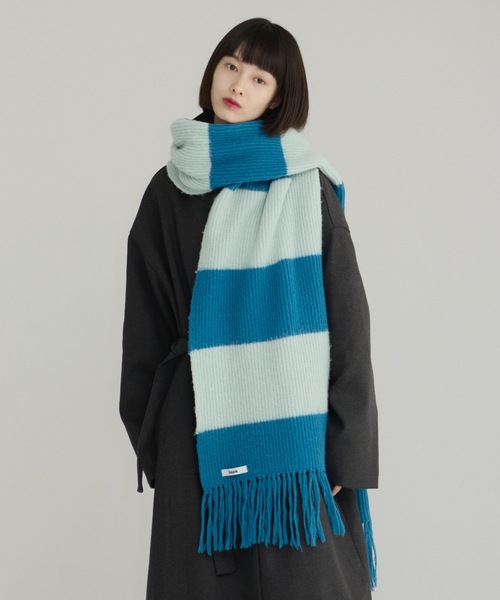 haek ボーダーフリンジマフラー ブルー haek（ハク）の「border fringe muffler/ボーダーフリンジマフラー