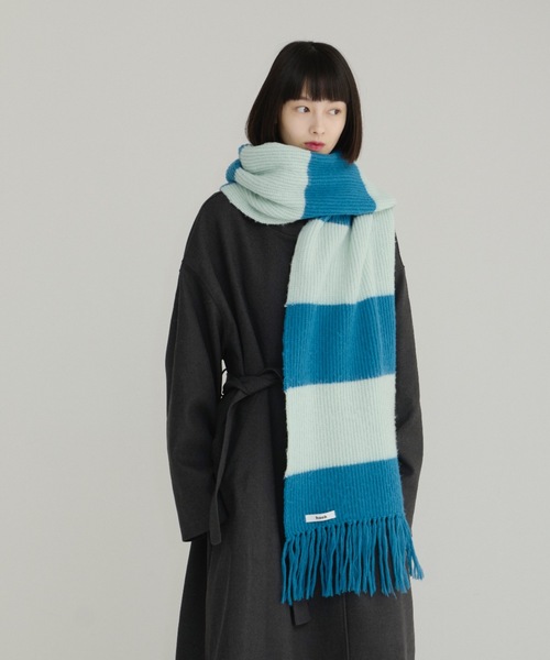haek ボーダーフリンジマフラー ブルー haek（ハク）の「border fringe muffler/ボーダーフリンジマフラー