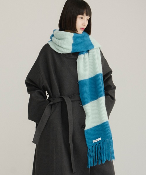 haek ボーダーフリンジマフラー ブルー haek（ハク）の「border fringe muffler/ボーダーフリンジマフラー
