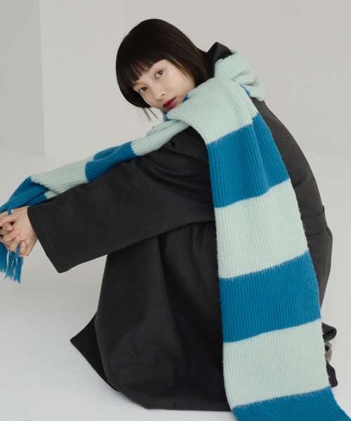 haek ボーダーフリンジマフラー ブルー haek（ハク）の「border fringe muffler/ボーダーフリンジマフラー
