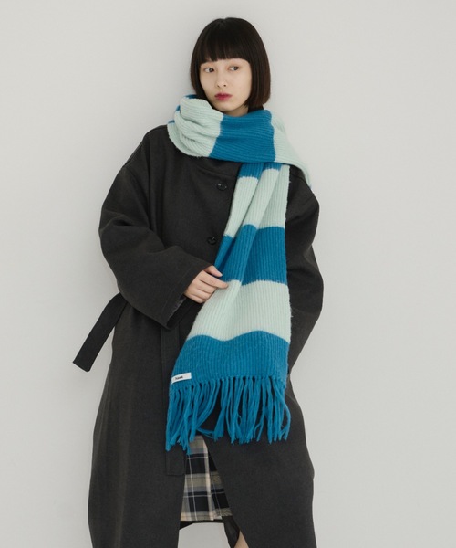 haek ボーダーフリンジマフラー ブルー haek（ハク）の「border fringe muffler/ボーダーフリンジマフラー