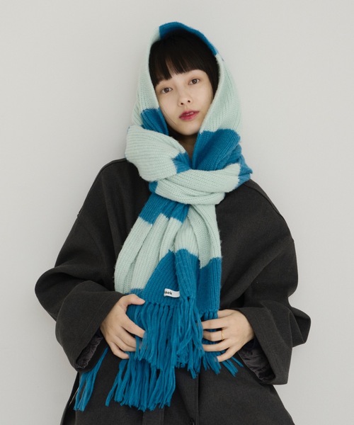 haek ボーダーフリンジマフラー ブルー haek（ハク）の「border fringe muffler/ボーダーフリンジマフラー
