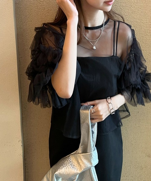 Futier land（フューティアランド）の「袖レイヤーフリルシアートップス（Tシャツ/カットソー・レディース・ブルー/グレー/ブラック・FREE）」の4枚目の写真