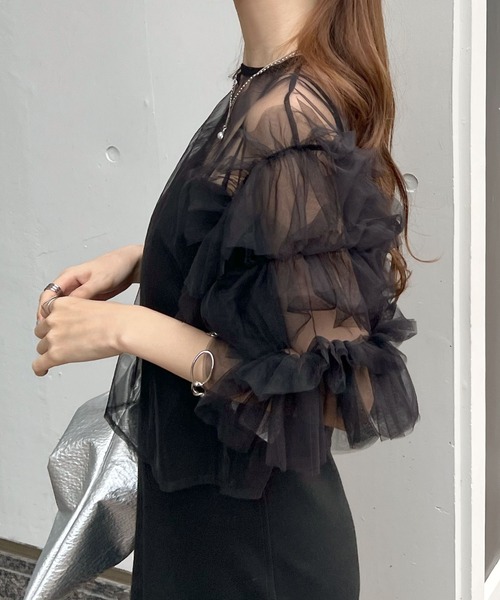 Futier land（フューティアランド）の「袖レイヤーフリルシアートップス（Tシャツ/カットソー・レディース・ブルー/グレー/ブラック・FREE）」の7枚目の写真