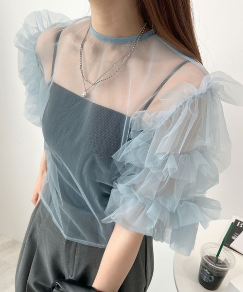 Futier land（フューティアランド）の「袖レイヤーフリルシアートップス（Tシャツ/カットソー・レディース・ブルー/グレー/ブラック・FREE）」の12枚目の写真