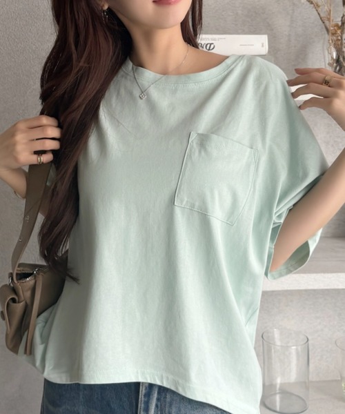 TREOVER（トレオーバー）の「【コットン100%】ポケット付きTシャツ ラウンドヘム カラバリ豊富（Tシャツ/カットソー・レディース・パープル/モカ/ベージュ/ライトグリーン/ブラウン/サーモンピンク/ブルー/チャコールグレー/オフホワイト/アイボリー/ブラック・FREE）」の8枚目の写真