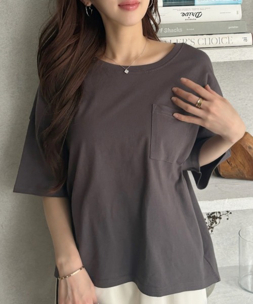 TREOVER（トレオーバー）の「【コットン100%】ポケット付きTシャツ ラウンドヘム カラバリ豊富（Tシャツ/カットソー・レディース・パープル/モカ/ベージュ/ライトグリーン/ブラウン/サーモンピンク/ブルー/チャコールグレー/オフホワイト/アイボリー/ブラック・FREE）」の18枚目の写真