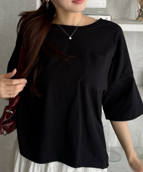 TREOVER（トレオーバー）の「【コットン100%】ポケット付きTシャツ ラウンドヘム カラバリ豊富（Tシャツ/カットソー・レディース・パープル/モカ/ベージュ/ライトグリーン/ブラウン/サーモンピンク/ブルー/チャコールグレー/オフホワイト/アイボリー/ブラック・FREE）」の15枚目の写真