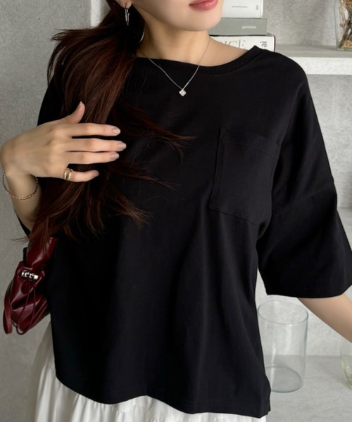 TREOVER（トレオーバー）の「【コットン100%】ポケット付きTシャツ ラウンドヘム カラバリ豊富（Tシャツ/カットソー・レディース・パープル/モカ/ベージュ/ライトグリーン/ブラウン/サーモンピンク/ブルー/チャコールグレー/オフホワイト/アイボリー/ブラック・FREE）」の16枚目の写真
