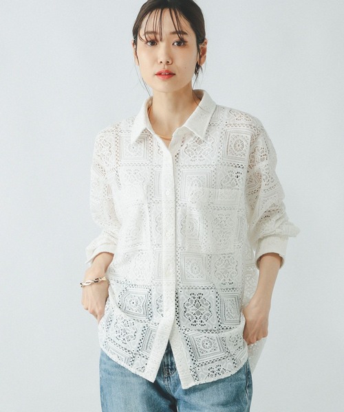 生成りレース長袖シャツブラウス　 カネコイサオ KOEISTORE ブラウス レディース 春 夏 春夏 黒 白 無地 長袖